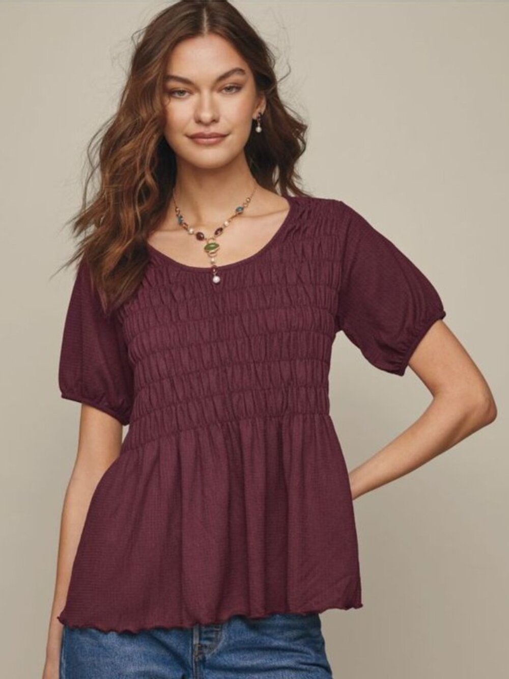 Avon Studio 1886 Empire Waist Smocked Top - Burgundy - Size M